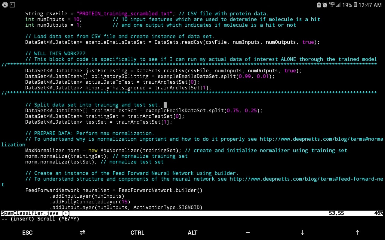Java code using Deep Netts to train a Feed Forward Neural Network on protein data