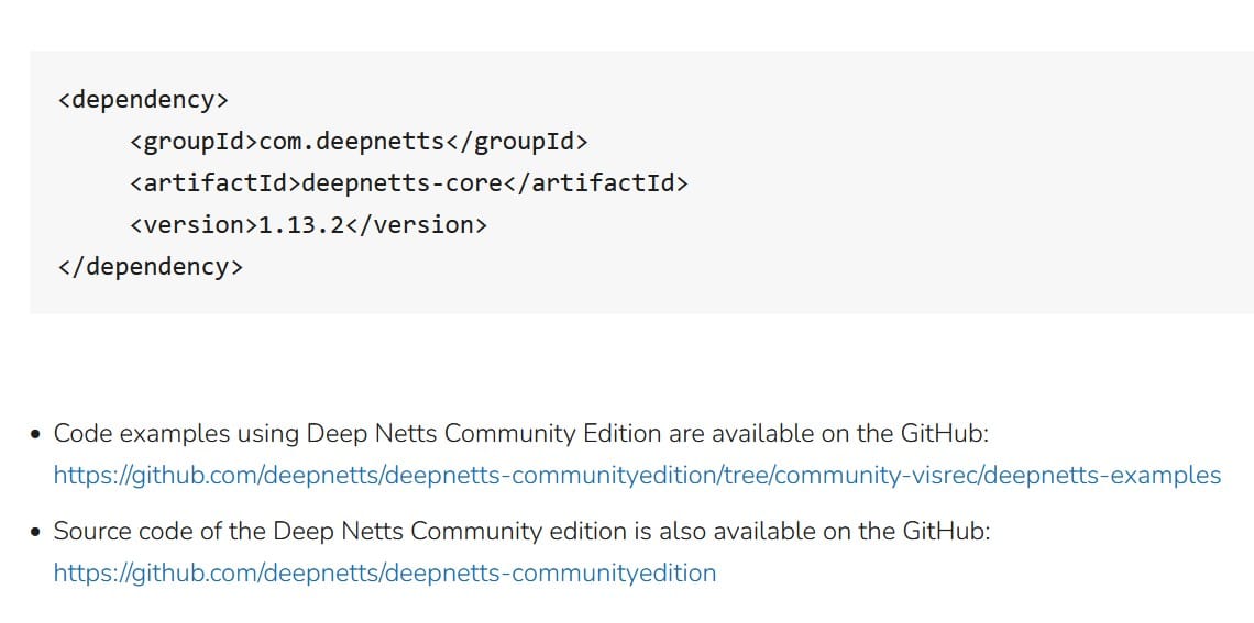 Screenshot of the Maven dependency for Deep Netts Community Edition and links to its GitHub examples and source code