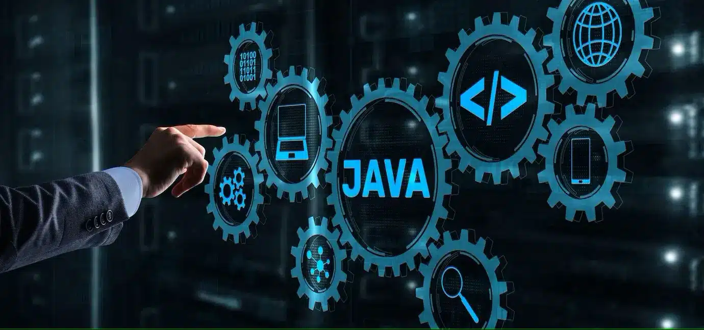 Hand pointing at glowing gears with Java in the center