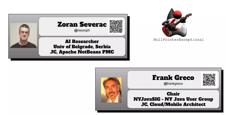 Speaker cards for Zoran Sevarac and Frank Greco at the jChampions Conference