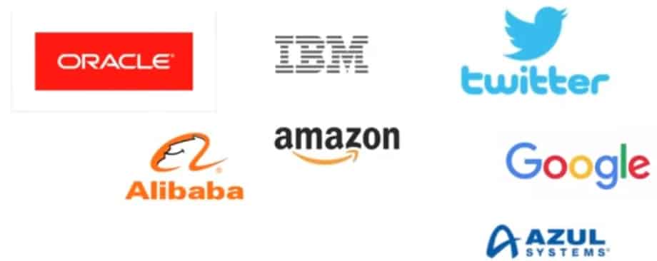Logos of Oracle, IBM, Twitter, Alibaba, Amazon, Google and Azul Systems