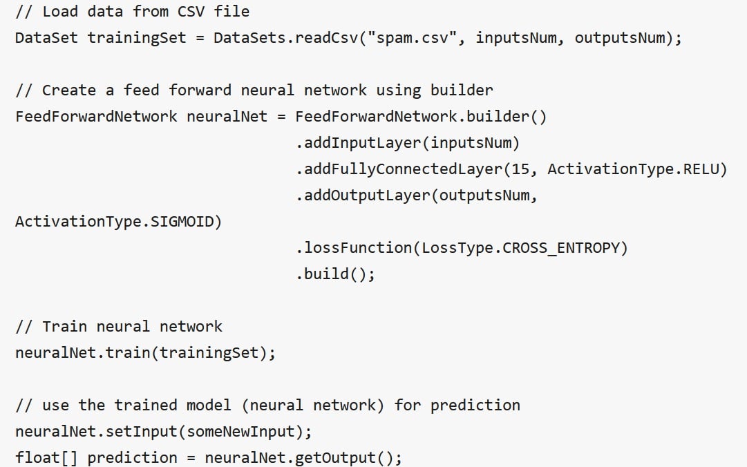 Java code that trains a feed forward neural network with Deep Netts