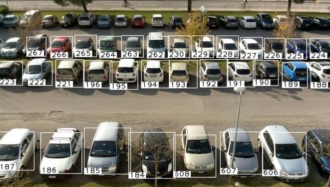 Parking lot seen from above with numbered boxes around the parking spaces