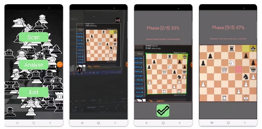 Chess Position Scanner app screens: menu, board scan, corner correction and the recognized position
